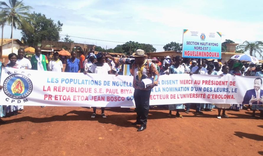 Nguélémendouka dit merci à Paul Biya Une grande marche de remerciement et de soutien a mobilisé toute la population, au lendemain de la nomination du Pr Jean Bosco Etoa Etoa au prestigieux poste de recteur de luniversité dEbolowa a eu lieu le 09 juin dernier.