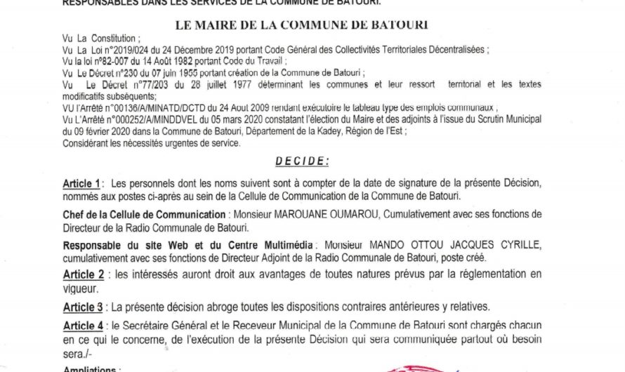 🚨🚨🚨 Nouvelles Nominations à la Commune de Batouri.