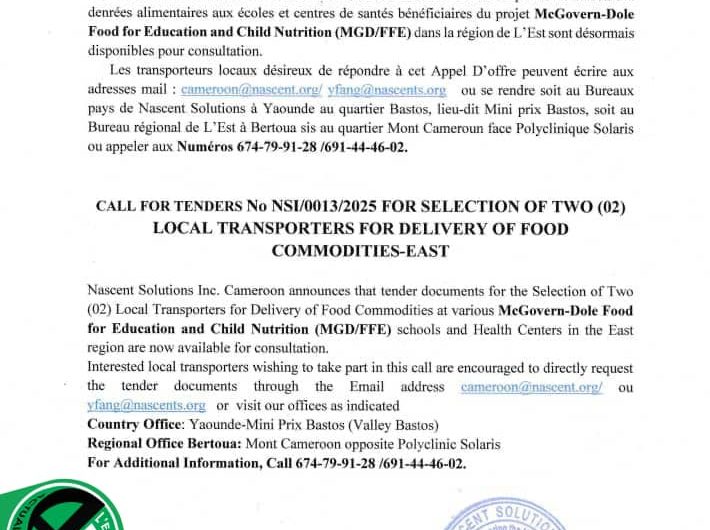 🚨🚨🚨 NASCENT SOLUTIONS LAUNCHES CALL TO TENDERS N° NSI/0013/2025, FOR THE SELECTION OF TWO (02) LOCAL TRANSPORTERS FOR FOOD DELIVERY IN THE EAST REGION