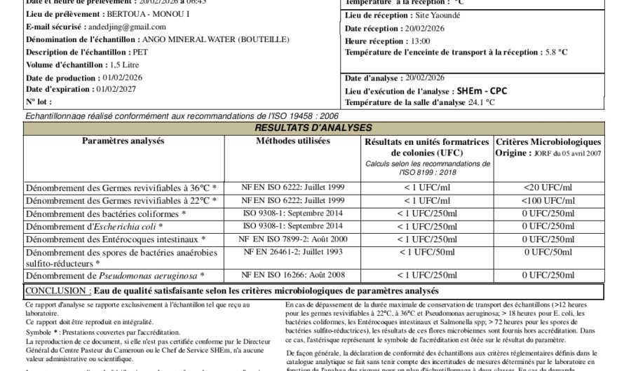 🚨🚨🚨SÉCURITÉ SANITAIRE : L’EAU MINÉRALE « ANGO » REÇOIT LE QUITUS DU CENTRE PASTEUR.
